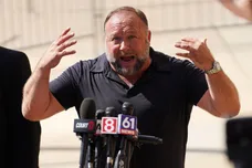 Alex Jones Speaks To The Media Outside The Sandy Hook Trial In Waterbury, Connecticut
