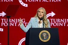 Erika Kirk speaks at the Build the Red Wall rally at Dream City Church in Phoenix on April 17, 2026.