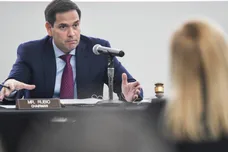 U.S. senator Marco Rubio asks Jenn Gustetic, Program Executive, SBIR/STTR Program Management Office a question during a field