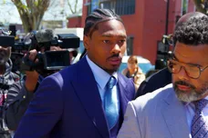Former NE Patriot player Stefon Diggs leaves Dedham District Court and out to a waiting vehicle on Monday, May 4, 20262, as his
