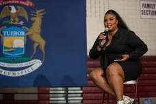 Lizzo speaks during a Black Students for Biden 'On the Yard event at Harper Woods High School in Harper Woods on Oct. 23, 2020.