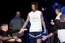 Grizzlies' Brandon Clarke (15) walks onto the court for open practice at the FedExForum on October 4, 2025, in Memphis, Tenn.