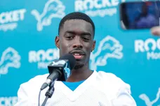 Detroit Lions cornerback Terrion Arnold (0) answers a question during rookie minicamp at Detroit Lions headquarters and practice