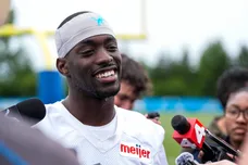 Detroit Lions cornerback Terrion Arnold (6) speaks to media members after practice during mini camp at Meijer Performance Center
