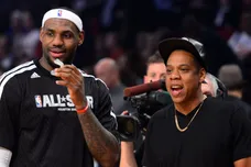 Feb 17, 2013; Houston, TX, USA; Eastern Conference forward LeBron James (left) of the Miami Heat greets recording artist Jay-Z