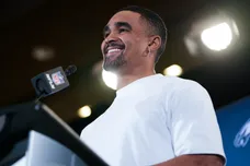Jalen Hurts, Eagles quarterback, answers questions from journalists during a press conference at the Sheraton Grand at Wild