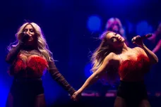Dumblonde singers Aubrey O'Day (left) and Shannon Bex perform on the main stage during Phoenix Pride at Steele Indian School