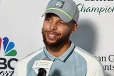 Steph Curry talks to the media Saturday after his second round of the America Century Championship celebrity golf tournament at