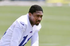 Bills receiver Stefon Diggs takes a break between reps during minicamp.