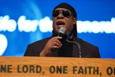 Stevie Wonder speaks to the crowd during the funeral for the late Congressman John Conyers Jr. on Monday, November 4, 2019 at