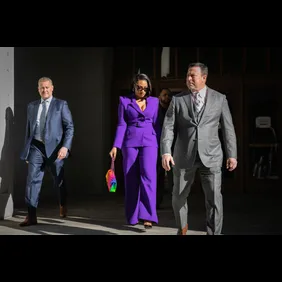 Megan Thee Stallion whose legal name is Megan Pete arrives at court to testify in the  trial of Rapper Tory Lanez for allegedly shooting her