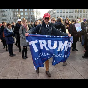 (Boston, MA) Boston University student Nick Fuentes, 18, of Chicago, a supporter of President Donald Trump, shows up  during a rally at BU against Trump's order that restricts travel to the U.S. on Monday, January 30, 2017. Staff photo by Christopher