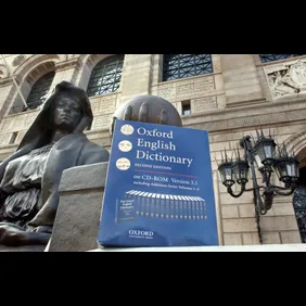 (2/17/05 BOSTON, MA )NOT YOUR FATHERS OXFORD ENGLISH DICTIONARY. The multi volumn encyclopedia is now available on cd rom. Detail of box infront of Boston Public Library.(DSC_0099.JPG - Staff Photo by Patrick Whittemore. Saved in AD Fin and Daily Pho