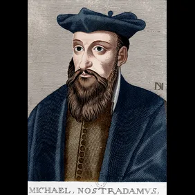 Michel de Nostredame, aka Nostradamus (1503-1566) french astrologer and doctor, engraving, colorized document