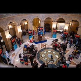 St. Paul, Minnesota. Joe Hobot, president and CEO of American Indian OIC speaks at a rally at the Capitol in support of legislation to spending for nonprofits that provide services to the Native American community.