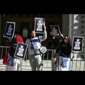 Megan Thee Stallion whose legal name is Megan Pete arrives at court to testify in the  trial of Rapper Tory Lanez for allegedly shooting her