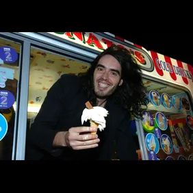 Russell Brand Performs Radio Show in an Ice Cream Van - Blackpool