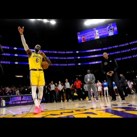 LeBron James #6 of the Los Angeles Lakers sets the All time scoring record.