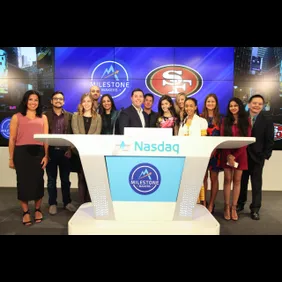 CEO of the San Francisco 49ers Jed York rings the Nasdaq Closing Bell from the Nasdaq Entrepreneurial Center in San Francisco, alongside the second graduating class of entrepreneurs from The Center's 12-week Milestone Makers program