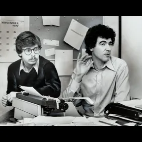 Rick Moranis (left) and Ken Finkleman; at work on the script of a pilot show for a TV comedy series;