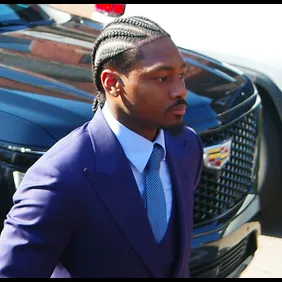 NFL wide receiver Stefon Diggs arrives at the Dedham District Court in Massachusetts ahead of jury selection on May 4, 2026.