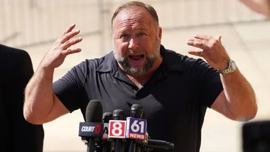 Alex Jones Speaks To The Media Outside The Sandy Hook Trial In Waterbury, Connecticut