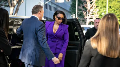 Megan Thee Stallion whose legal name is Megan Pete arrives at court to testify in the  trial of Rapper Tory Lanez for allegedly shooting her