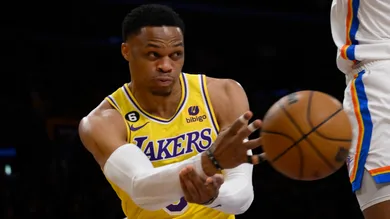 LeBron James #6 of the Los Angeles Lakers sets the All time scoring record.