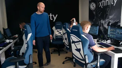 Phil Aram, manager of the Evil Geniuses Dota 2 esports team, watches his players practice at its home base - a house in a subdivision in Alameda, Calif. on Tuesday, Nov. 29, 2016