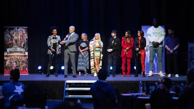 WWE stars Alicia Taylor, Cody Rhodes, Gabi Butler, Liv Morgan, Evan St. Amand, Carmella, Bayley, Omos and Finn Balor with 20 Make-A-Wish kids at Universal Studios Hollywood