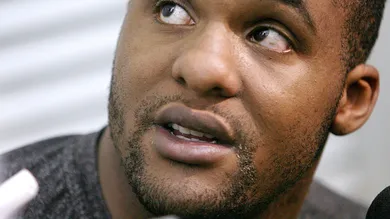 (042811  Waltham, MA) Glen Davis talks with reporters during Celtics practice, Thursday,  April 28, 2011.  Staff photo by Angela Rowlings