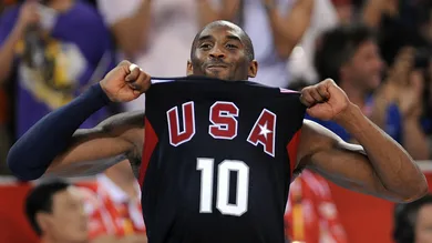 USA's Kobe Bryant celebrates at the end