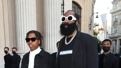 Celebrity Sightings In Paris - July 7, 2021 PARIS, FRANCE - JULY 07: Lil Baby and James Harden are seen arriving at a Balenciaga dinner at the Bourse De Commerce Pinault Collection on July 07, 2021 in Paris, France. (Photo by Pierre Suu/GC Images)