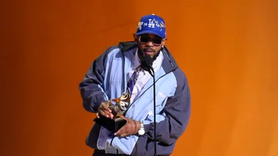 Feb 5, 2023; Los Angeles, CA, USA; Kendrick Lamar accepts the award for best rap album for    Mr. Morale &amp; The Big Steppers