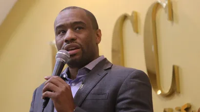 Social justice activist and Temple professor, Marc Lamont Hill speaks at the Palestinian Community Center, in Clifton.  Hill,