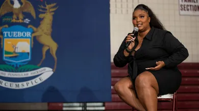 Lizzo speaks during a Black Students for Biden 'On the Yard event at Harper Woods High School in Harper Woods on Oct. 23, 2020.