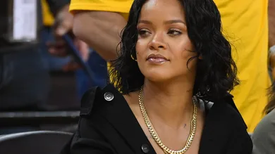 Jun 1, 2017; Oakland, CA, USA; Recording artist Rihanna during the first quarter in game one of the 2017 NBA Finals between the