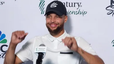 Steph Curry talks to the media Friday after taking the lead with 27 points in the American Century Championship celebrity golf