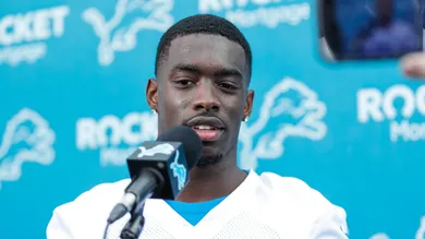 Detroit Lions cornerback Terrion Arnold (0) answers a question during rookie minicamp at Detroit Lions headquarters and practice