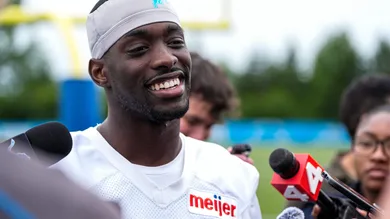 Detroit Lions cornerback Terrion Arnold (6) speaks to media members after practice during mini camp at Meijer Performance Center