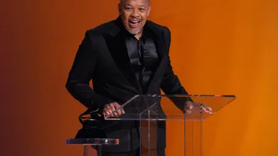 Dr. Dre accepts the Dr. Dre Global Impact Award during the 65th Annual Grammy Awards at Crypto.com Arena in Los Angeles on Feb.