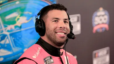 Bubba Wallace answers questions from the media during Media Day at Daytona International Speedway, Wednesday, Feb. 14, 2024.