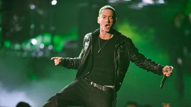 Feb 13, 2011; Los Angeles, CA, USA;  Recording artist Eminem performs at the 2011 Grammy Awards. Mandatory Credit: Robert