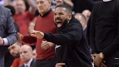 May 25, 2019; Toronto, Ontario, CAN;   Recording artist Drake reacts to a play in the second half of game six of the Eastern