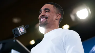 Jalen Hurts, Eagles quarterback, answers questions from journalists during a press conference at the Sheraton Grand at Wild