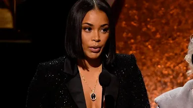 Jan 26, 2020; Los Angeles, CA, USA; Lauren London (left) and other family member of Nipsey Hussle accept the award Best Rap