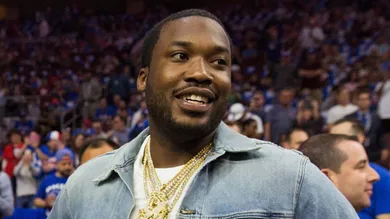 May 5, 2018; Philadelphia, PA, USA; Musical recording artist Meek Mill (R) and Questlove (L) look on before action between the