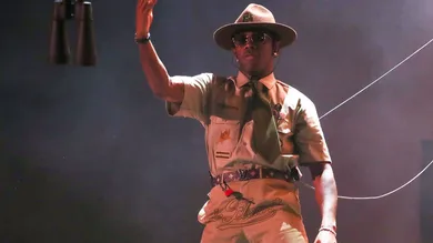 Tyler, the Creator throws a pair of binoculars into the crowd during the second weekend of the Coachella Valley Music and Arts