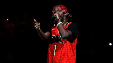 Jan 27, 2017; Atlanta, GA, USA; Entertainer Lil Yachty performs at halftime of a game between the Atlanta Hawks and Washington