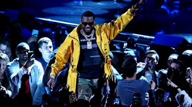 Feb 17, 2019; Charlotte, NC, USA; Recording artist Meek Mill performs before the 2019 NBA All-Star Game at Spectrum Center.